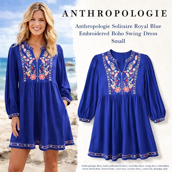 Anthro’s SolitaireGorgeousEmbroidered Striking Royal Blue Swing DressSize S